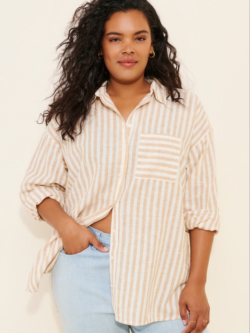 Maeve Tan and White Striped Linen Bennet Buttondown Shirt